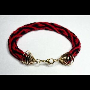 Handmade Kumihimo Bracelet Red And Black Unique Braid Design With Gold End Caps